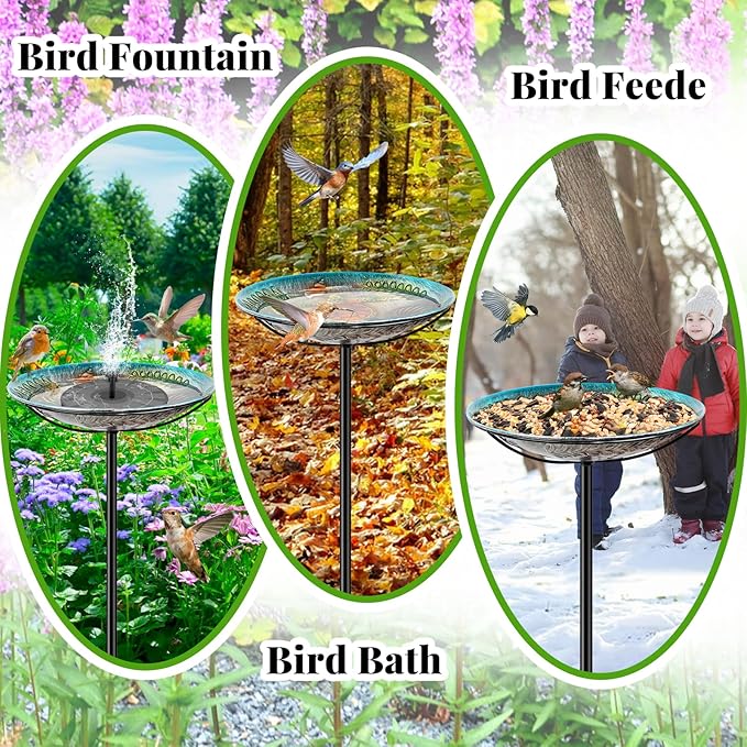Metal Bird Bath for Outside, Detachable Birdbath & Birdfeeder with Base Stake, Vintage Bird Baths Feeder Bowl for Outdoors Garden Yard Lawn Decor (Vintage Silver)