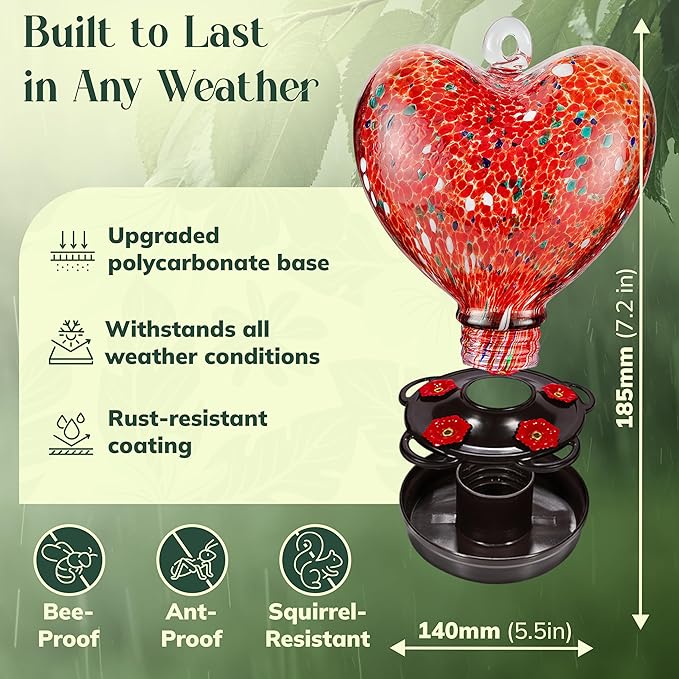 Hand Blown Glass Hummingbird Feeder for Outdoors All Season Use - 28 Fl. Oz. Leak Proof Hummingbird Feeder with Rust Proof Base - Includes Ant Moat, Ant & Bee Proof (Red)