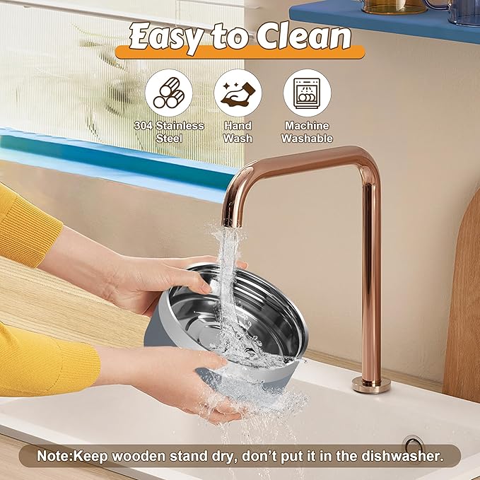 UPSKY Elevated Dog Bowls – 27oz Stainless Steel Anti-Spill Set with Wooden Stand, Double Raised Bowls for Small Dogs/Cats to Reduce Neck Strain & Improve Digestion