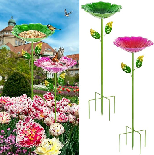 2 Pack Bird Bath for Outside, 31.3" H Metal Birdbaths, 10.63" Dia Garden Flower Bird Water Bowl, Freestanding Hummingbird Bath for Outdoors Garden Patio Yard Decor (Red,Green)