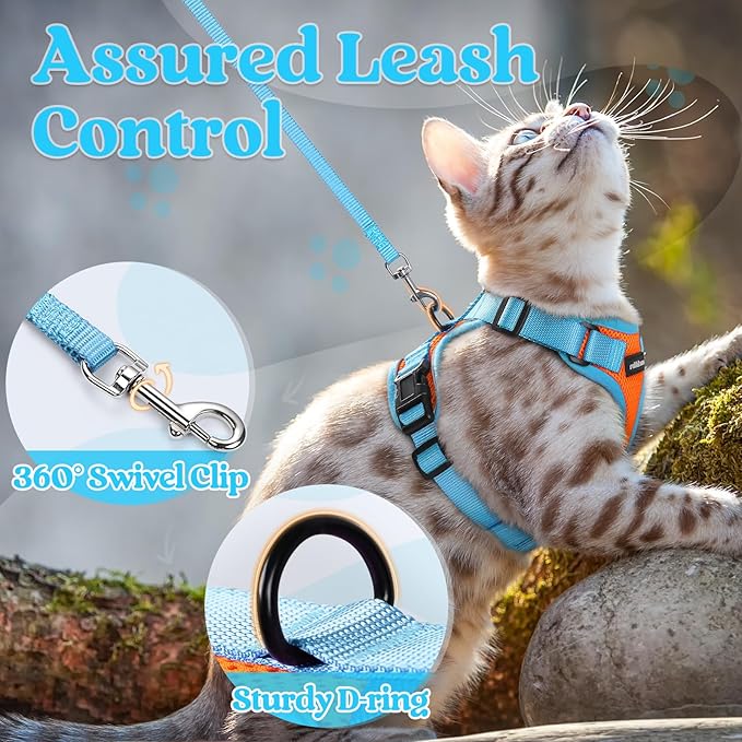 rabbitgoo Cat Harness and Leash Set, Escape Proof Soft Adjustable Vest Harnesses for Outdoor Walking, Easy Control Breathable Kitten Jacket with Reflective Strips, Orange & Light Blue, M