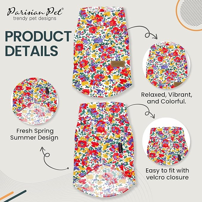 Parisian Pet Floral Dog Shirt - 100% Cotton Summer Clothes - Stylish Beach Outfit - Hook and Loop Closure - Machine Washable - 2XL