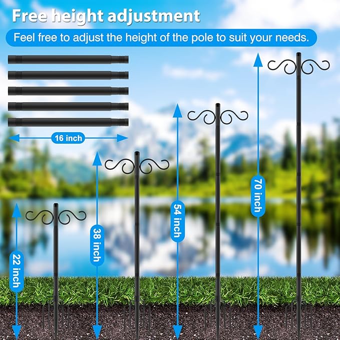 Adjustable Shepherd Hooks for Outdoor,2 Pack 70 Inch 5 Prong Base Bird Two Sided Feeder Poles,Heavy Duty Shepherds Hook,Suitable for Garden in Hanging Flower Basket,Lantern,Bird Nests