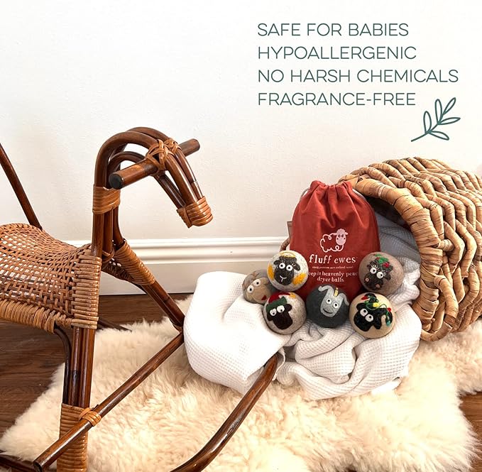 Fluff Ewes Wool Dryer Balls 6 Pack Premium New Zealand Wool Laundry Balls for Dryer, No Static Dryer Balls Laundry Reusable, XL Christmas Dryer Balls, Holiday Dryer Balls - Sheep in Heavenly Peace