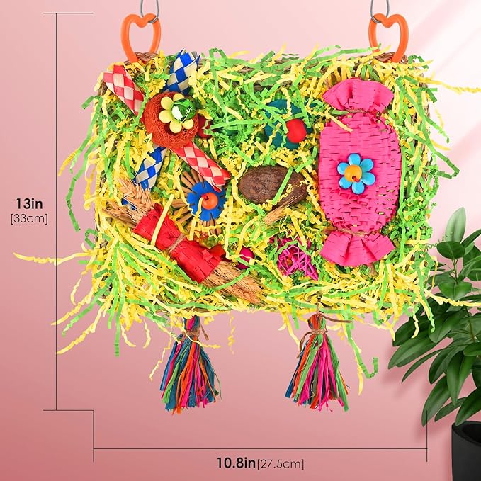 KATUMO Bird Toys - Large-Sized Grass Mat with Colorful Parrot Foraging Shredder Hanging Toys for Conure and Other Birds
