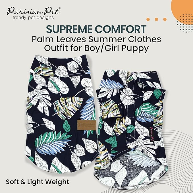 Parisian Pet Palm Leaves Dog Shirt - 100%Cotton Summer Clothes - Stylish Beach Outfit - Hook and Loop Closure - Machine Washable - 2XL