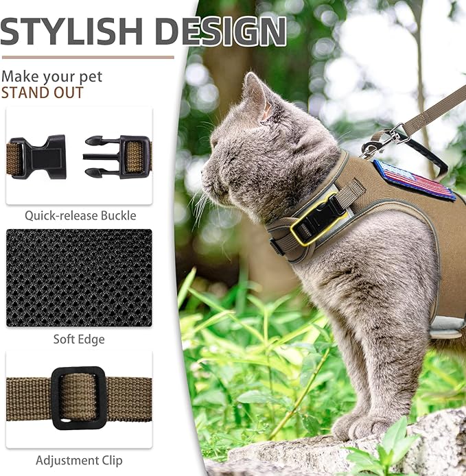 PUPTECK Soft Mesh Cat Vest Harness and Leash Set Puppy Padded Pet Harnesses Escape Proof for Cats Small Dogs Rabbits Bunny, Tactical Yellow, L