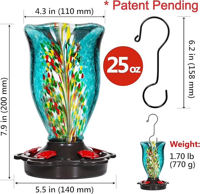 LUJII Hummingbird Feeders for Outdoors with Ant Guard, Blown Glass Hummingbird Feeder for Outside Hanging, 25 fl.oz, Never Leak, Unfading & Anti-Rust, Flower Vase, Garden Backyard Patio Decor, Blue