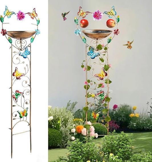 44" Height Bird Bath with Trellis for Climbing Plants Outside,Metal Antique Butterfly Heart Garden Plant Trellis with Detachable Bird Bath Bowl & Fruits Plants Support,Garden Patio Decor