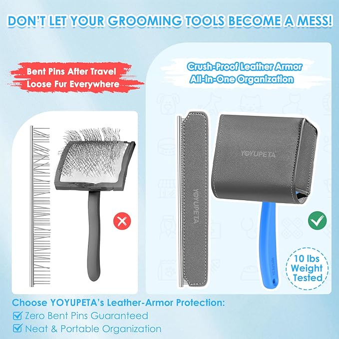 Large Dog Slicker Brush & Comb Set with Leather Sleeves - Long Pin Deshedding Brush for Golden Retrievers, Poodles, Doodles & Thick Coats, Wood Handle Pet Grooming Kit for Dogs, Cats. Blue