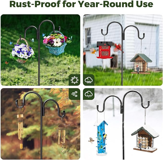 Kingsyard Adjustable Double Shepherds Hook for Outdoor - 76" Heavy Duty Bird Feeder Pole w/ 5-Prong Base, Hummingbird Feeder Stand for Garden, Plant Baskets, Solar Light Lantern