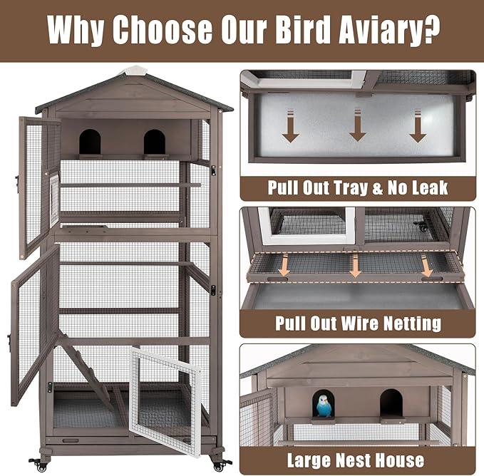 Flight Bird Cage Outdoor Large Wooden Bird Aviary Parrot Cage for Parakeet, Finches and Any Small Birds - Pull Out Wire Netting, Slide-Out Tray, 2 Perches, Nest House, 4 Wheels Include, Grey