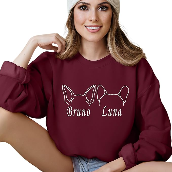 Custom Dog Mom Shirt for Women Pet Ears Sweatshirt with Name Unique Puppy Line Art Cute Dad Hoodie for DogDad Owner Lover