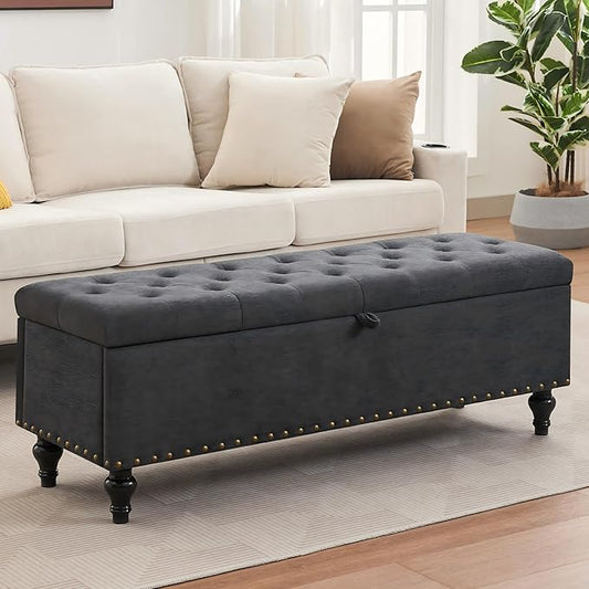 Mangodan51” Linen End of Bed Storage Bench, Tufetd Upholstered Storage Ottoman Bench with Safety Hinge, 330 lb Large Ottoman with Storages for Living Room, Entryway & Bedroom, Window Benches, Grey