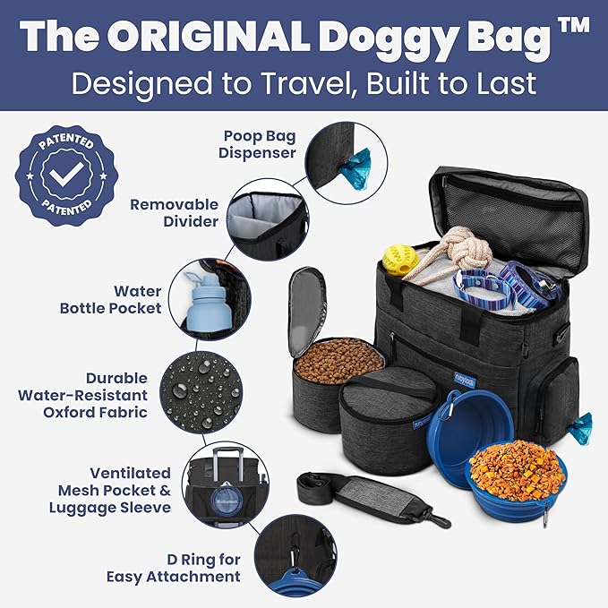 The Original Doggy Bag™- Dog Travel Bag for Supplies - Ultimate Gift for Dog Moms & Dads, Doggy Lovers & Pet Owners for Christmas- Includes 2 BPA-Free Travel Bowls and 2 Food Containers: Charcoal