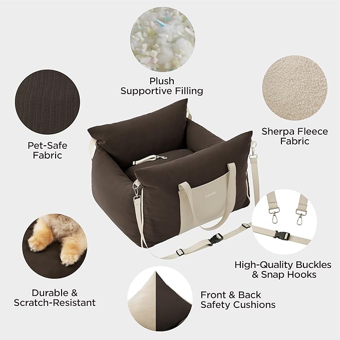 Lesure Small Dog Car Seat for Small Dogs - Soft Dog Booster Seat for Car with Storage Pocket and Clip-On Safety Leash and Thickened Memory Foam Filling, Pet Travel Carrier Bed Brown