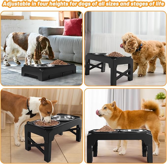 Hubulk Elevated Dog Bowls with 2 Stainless Steel Dog Food & Water Raised Bowls with No Spill Edge Non-Slip Stand Adjusts to 3 Heights(2.75", 6.0", 7.5") for Small Medium Dogs and Pet