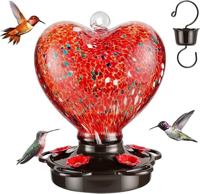 Hand Blown Glass Hummingbird Feeder for Outdoors All Season Use - 28 Fl. Oz. Leak Proof Hummingbird Feeder with Rust Proof Base - Includes Ant Moat, Ant & Bee Proof (Red)