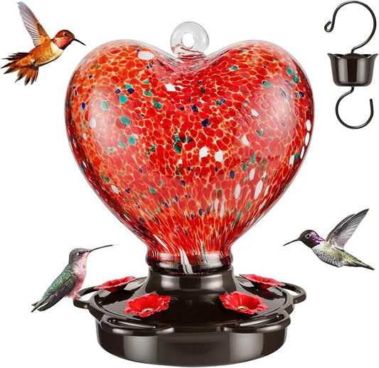Hand Blown Glass Hummingbird Feeder for Outdoors All Season Use - 28 Fl. Oz. Leak Proof Hummingbird Feeder with Rust Proof Base - Includes Ant Moat, Ant & Bee Proof (Red)