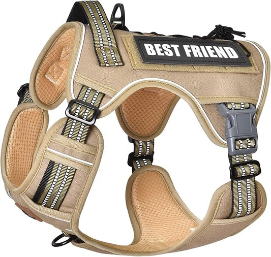 PET MARVEL Tactical Dog Harness for Medium Size, No Pull Military Dog Vest with Easy Control Handle, Molle Hoop & Loop, Adjustable Reflective Reinforced Stich for Walking Training, Brown