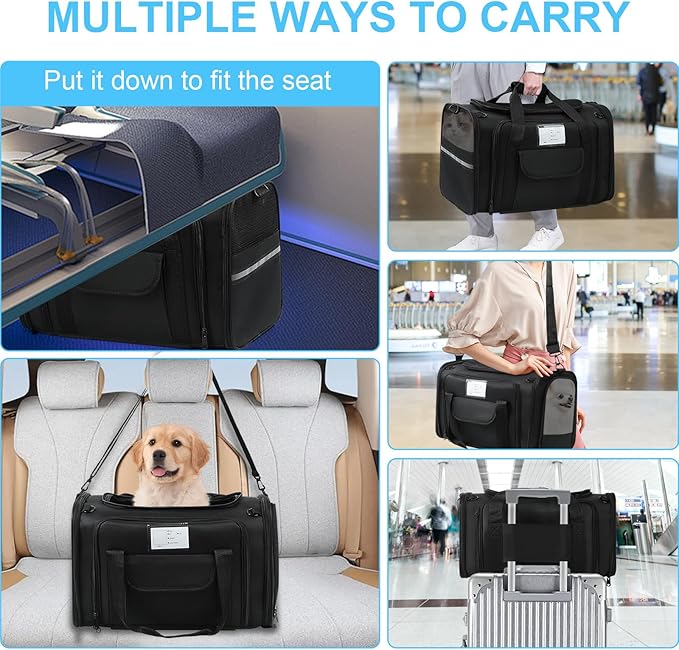 Pet Carrier Airline Approved, Expandable Pet Cat Carriers with Wheels for Dogs, Airline Approved Cat Dog Carrier, TSA Approved Pet Carrier In Cabin, Pet Dog Cat Carrier Soft,Cat Travel Carriers(Black)