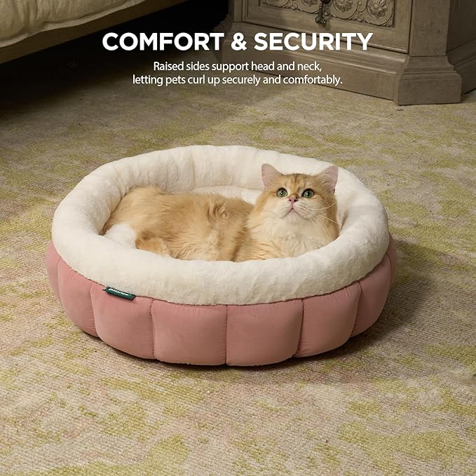 BALANCE Cat Beds for Indoor Cats, Washable Round Cat Bed, Cute Kitten Bed with Anti-Slip Bottom for Kitty and Puppy, 18 Inches, Mellow Rose