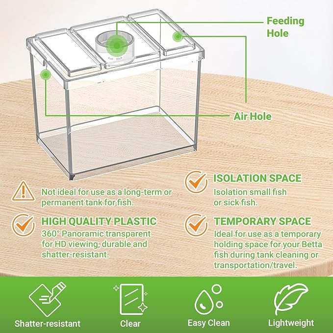 Small Fish Tank Kit, 1.8-Gal Aquarium Kit with Digital Thermometer and Temporary Tank, Self-Cleaning & 18 LED Lights, Lightweight & Shatter-Resistant Betta Fish Tank (Black)