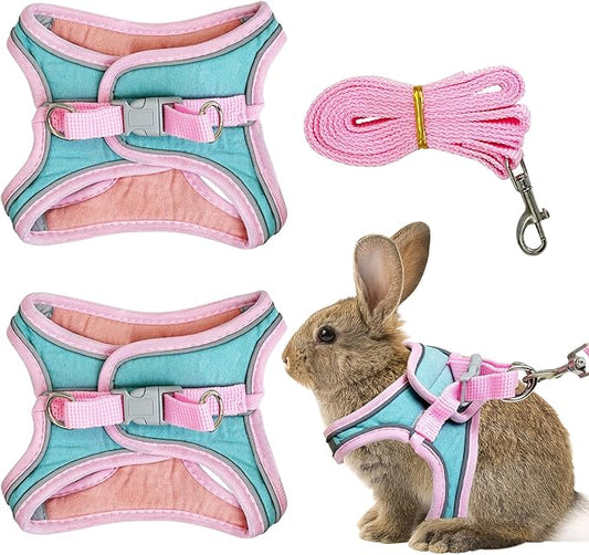 PINVNBY 2 Pack Bunny Hsrness and Leash Set Adjustable Rabbit Harness with Reflective Strips Double Buckle Pet Vest Eescape Proof for Small Rabbit Kitten Puppy Walks Accessories (Pink Green, S)