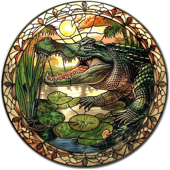 Lygond Metal Sign Tin Sign Circular Stained Glass Alligator Tin Signs for Garden for Pub 8×8 Inches