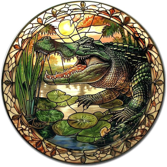 Lygond Metal Sign Tin Sign Circular Stained Glass Alligator Tin Signs for Garden for Pub 8×8 Inches