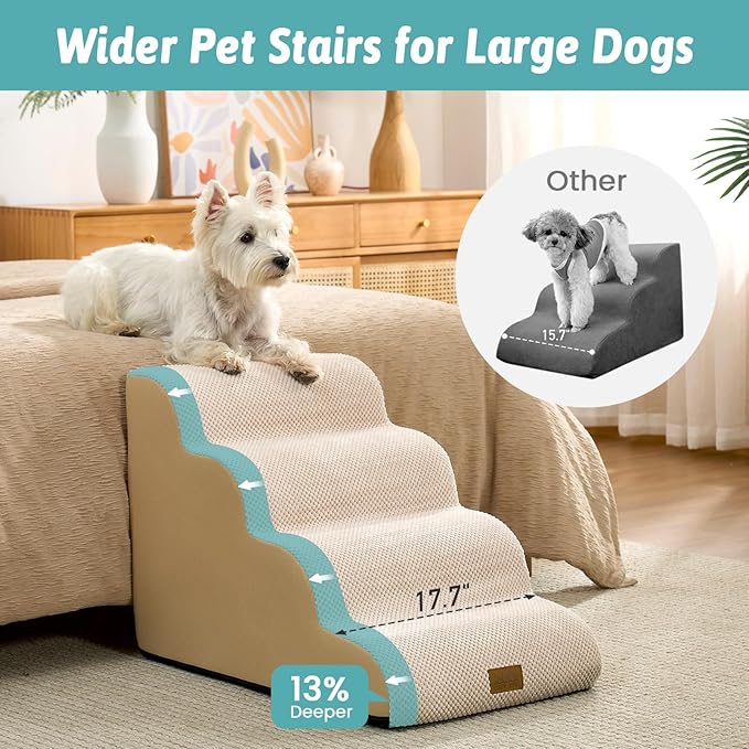 Wide Dog Stairs for Small Dog 19.7" H, Pet Step for Puppy, Older Cat, Curved Ramp for High Bed or Car, Stairs with High Density Foam, Lightweight, Durable, 4 Step, 17.7x28x19.7 inch, Beige