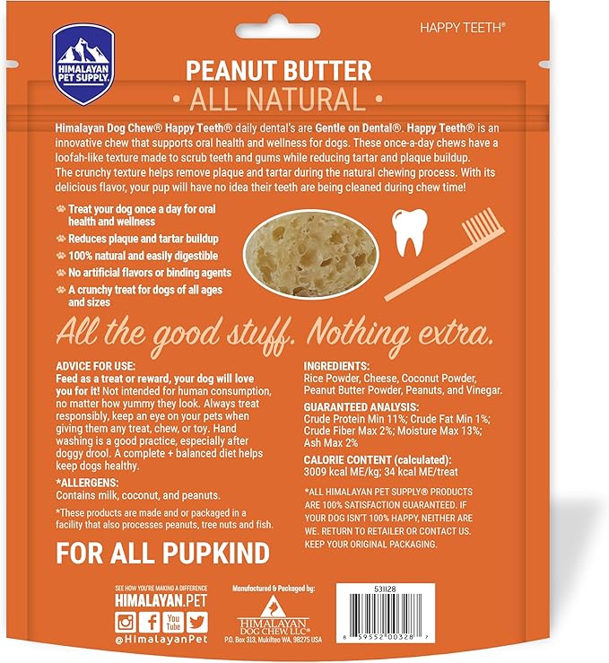 Himalayan Dog Chew Happy Teeth Peanut Butter Dental Chews - Dog Teeth Cleaning, Dental Treats for Dogs, 100% Natural, Digestible, Removes Plaque and Tartar, Gluten, Soy, Lactose Free, 30 Day Supply