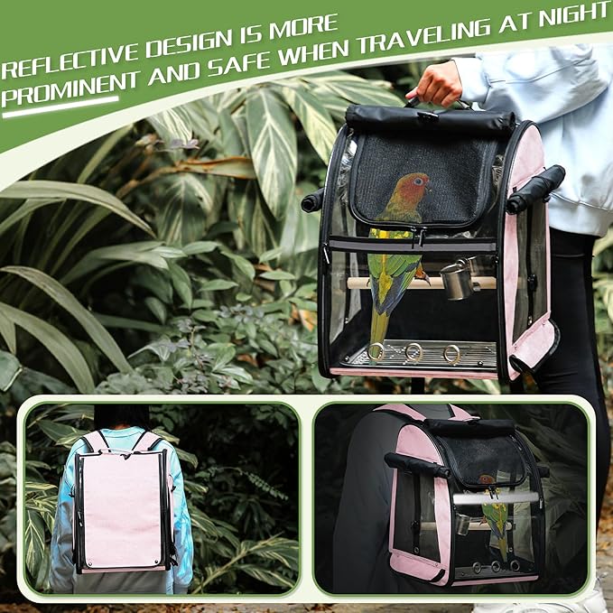 Sanmoncare Bird Carrier Backpack with Stainless Steel Mesh, Parrot Travel Cage with Stand, Easy to Clean, Portable Conures Travel Bag, Pet Breathable Travel Cage