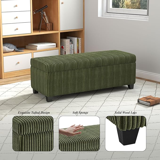 48" Green Ottoman with Storage, Corduroy Storage Ottoman Bench for Bedroom, End of Bed Bench with Safety Hinge for Living Room, Entryway