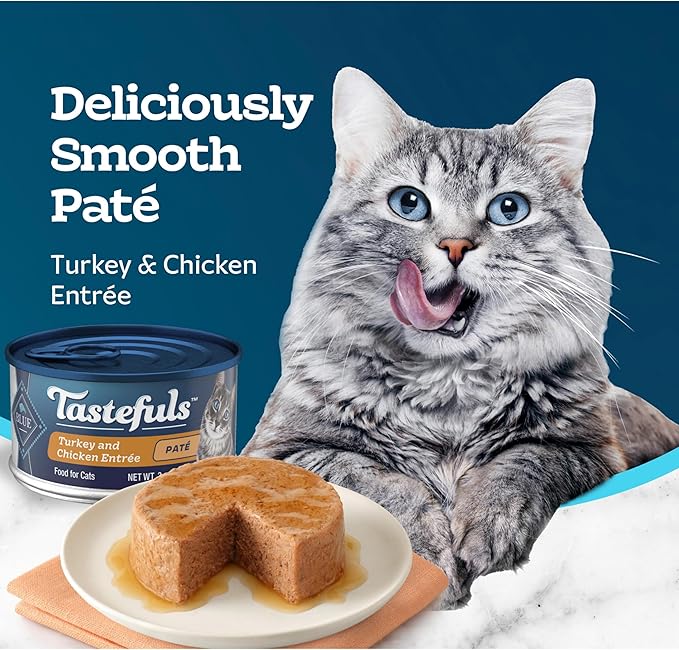 Blue Buffalo Tastefuls Wet Cat Food Paté, Made with Natural Ingredients | Turkey and Chicken Entrée, 3-oz. Cans (24 Count)