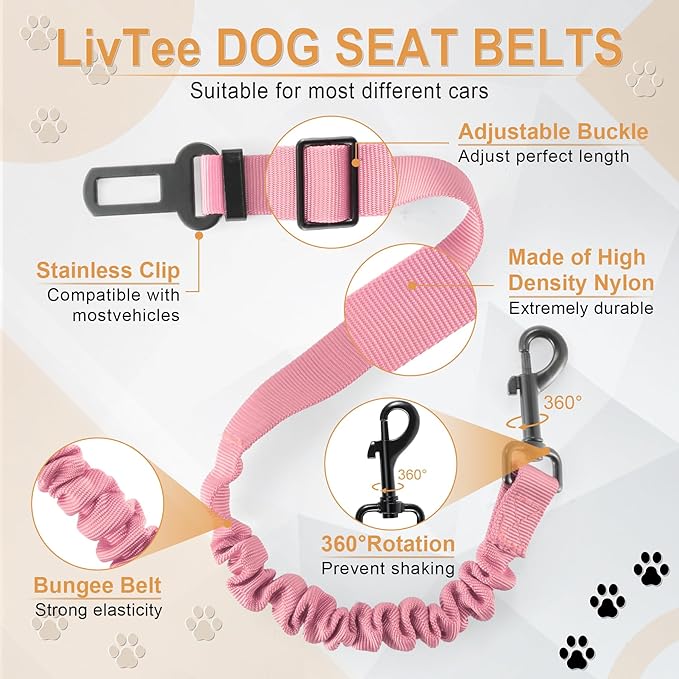 LivTee Dog Seat Belt for Car, Retractable Pet Safety Harness, Adjustable Nylon Dog Seatbelt Leash, Comfortable Dog Accessories for Vehicles (Light Pink-1PCS)
