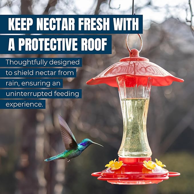 MEKKAPRO Hummingbird Feeders for Outdoors Glass - Red Hummingbird Feeders for Outdoors, Metal Ring, Bee-Proof Design, Easy Assembly, Red Hummingbird Feeder 10 oz (2-Pack)