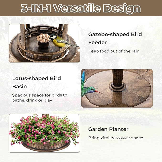 LDAILY Outdoor Bird Bath, 42’’ Solar Lighted Pedestal Birdbaths with Bird Feeder ,20’’ Water Bowl, Flower Planters and 3 Stakes, Attract Birds Antique Bird Bath for Outside Garden, Yard (Bronze, 42‘’)