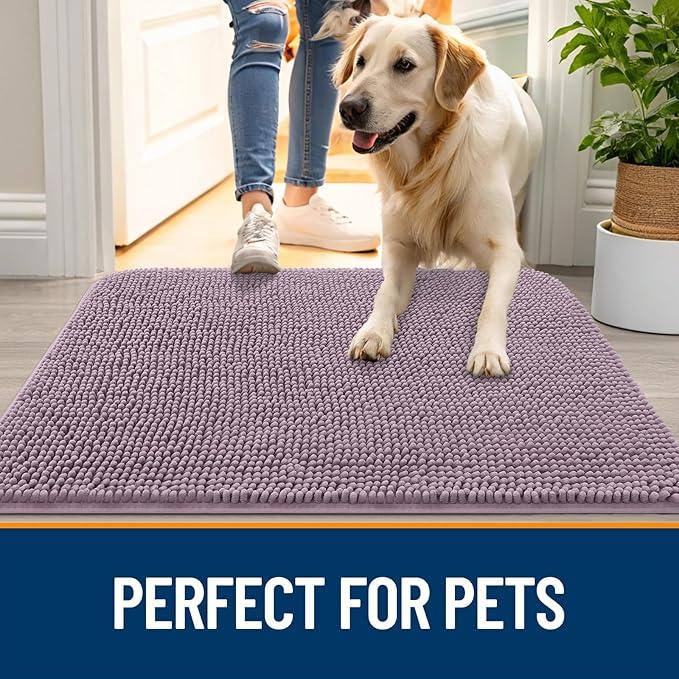 OLANLY Dog Door Mat for Muddy Paws 59x20, Absorbs Moisture and Dirt, Absorbent Non-Slip Washable Doormat, Quick Dry Chenille Mud Mat for Dogs, Entry Indoor Entryway Carpet for Inside Floor, Deep Plum