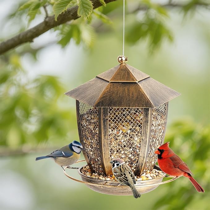 LBTING Bird Feeder for Outside, Hexagon Lantern-Shaped Metal Bird Feeder, Squirrel Proof Wild Bird Feeders for Hanging Outdoor Garden Yard