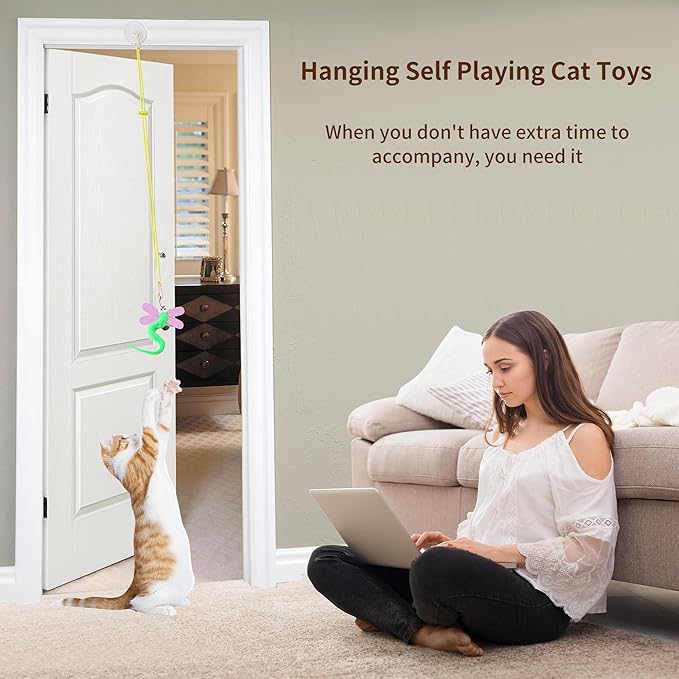 Interactive Cat Toys, 1 Interactive Wand, 8 Assorted Teaser Refills and 3 Indoor Cat Hanging Interactive Toy Suitable for Bored Adult Cats and Kittens Play Chase Exercise