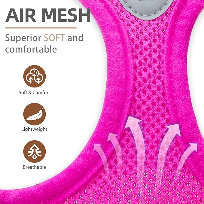 PUPTECK Adjustable Dog Harness Collar and Leash Set Step in No Pull Pet Harness for Small Medium Dogs Puppy and Cats Outdoor Walking Running, Soft Mesh Padded Reflective Vest Harnesses, Solid Pink XL