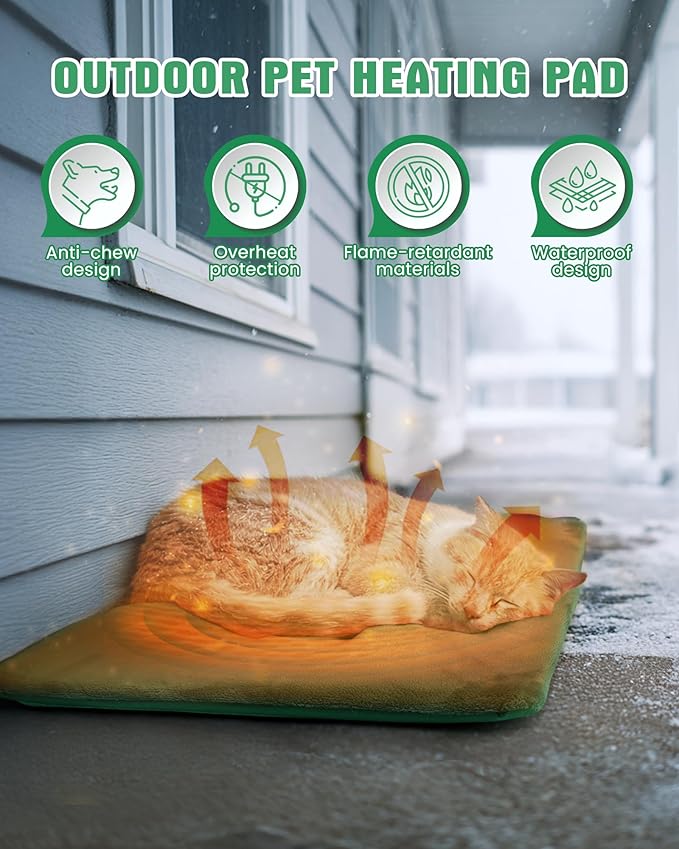 PETNF Outdoor Pet Heating Pad for Cats & Dogs, 100.4-107.6°F Auto Temp Control, Waterproof Fireproof, for Cat House/Dog Kennel/Carport, Fits Domestic & Stray Pets (Green 15.7"X27.6")