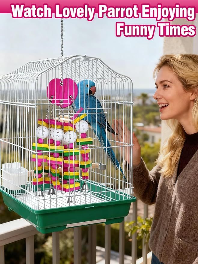 MEWTOGO Bird Toys - Edible Parrots Cage Chew Toy Gift with Bells and Safe Colorful Wood Blocks Beads for Macaws African Grey and Amazon Parrots (Peach Style)