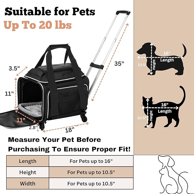 Airline Approved Top-Expanding Pet Carrier on Wheels- Extra Spacious Soft Lined Carrier! 18x11x11 (Black, Expanding Sides)