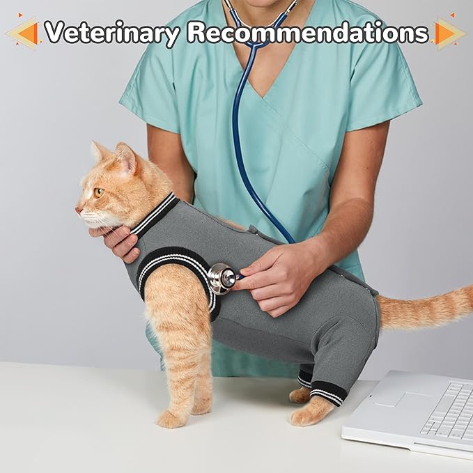 PUMYPOREITY Cat Recovery Suit for Hind Legs, Cat Surgical Spay Suit with Leg Sleeves to Stop Licking, Long Rear Sleeve Wound Cover Abdomen Kitten Onesie, Grey, XL