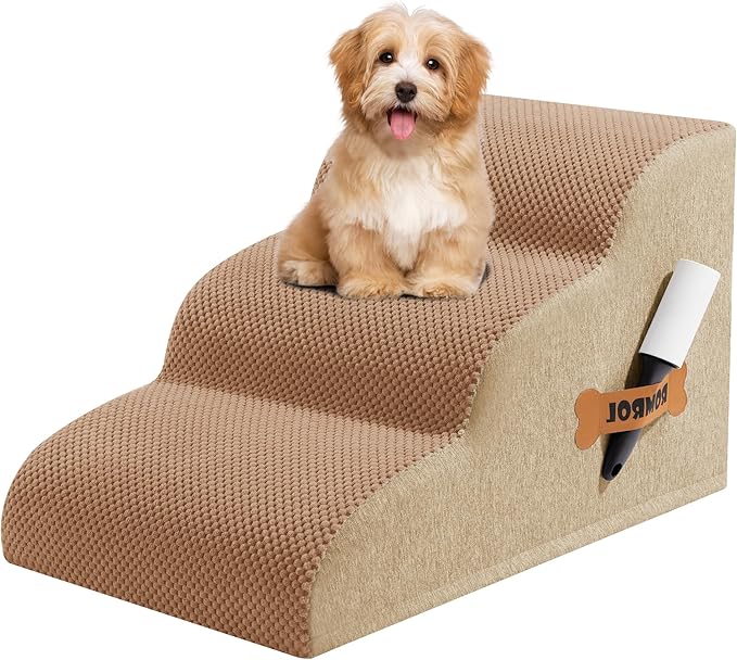 Romrol Dog Stairs Ramp for Beds Couches, Extra Wide Pet Steps with Durable Non-Slip Waterproof Fabric Cover, Dog Slope Stairs for Small Dogs and Cats or Pets Friendly, 3-Tiers, 13 Inch,Light Brown