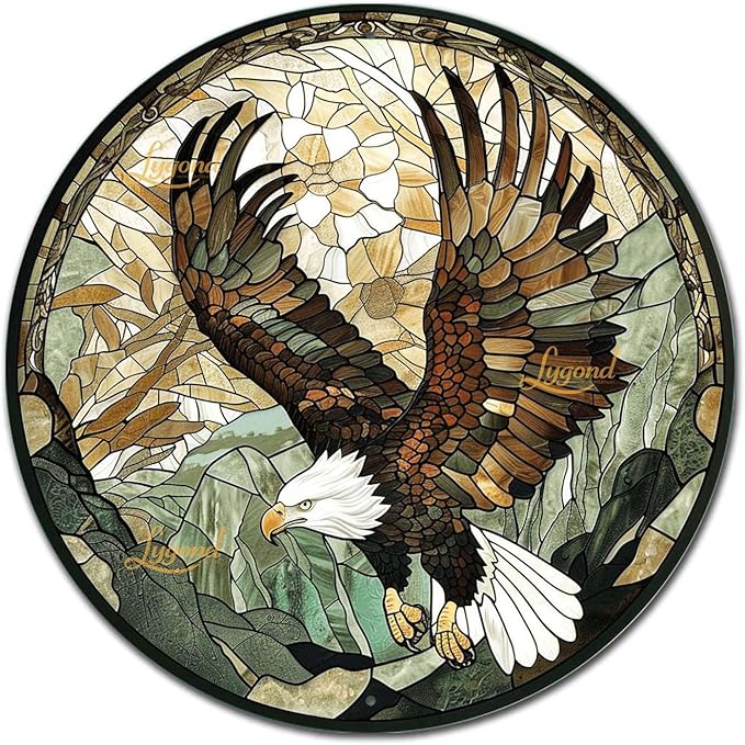 Lygond Metal Sign Tin Sign Circular Stained Glass American Bald Eagle Bar Signs for Home Bar for Club 12×12 Inches