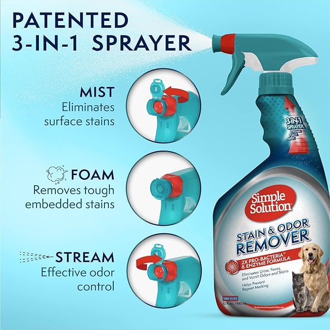 Simple Solution Stain and Odor Eliminator Spray, Pee Stain Remover, Enzyme Carpet Cleaner, Dog Smell Remover for Carpets, Dog Odor Remover, 32 oz (Pack of 2)