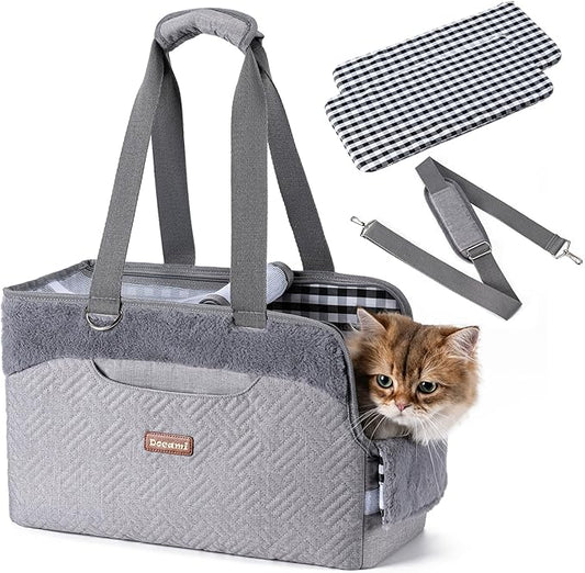 Cat Carrier Bag for Pets Up to 15 Lbs, Fully Open Mesh Roof, Side Vent & 3 Storage Pockets, Cat Dog Crate Travel Bag, Portable & Comfort Soft-Sided Dog Travel Bag, Grey